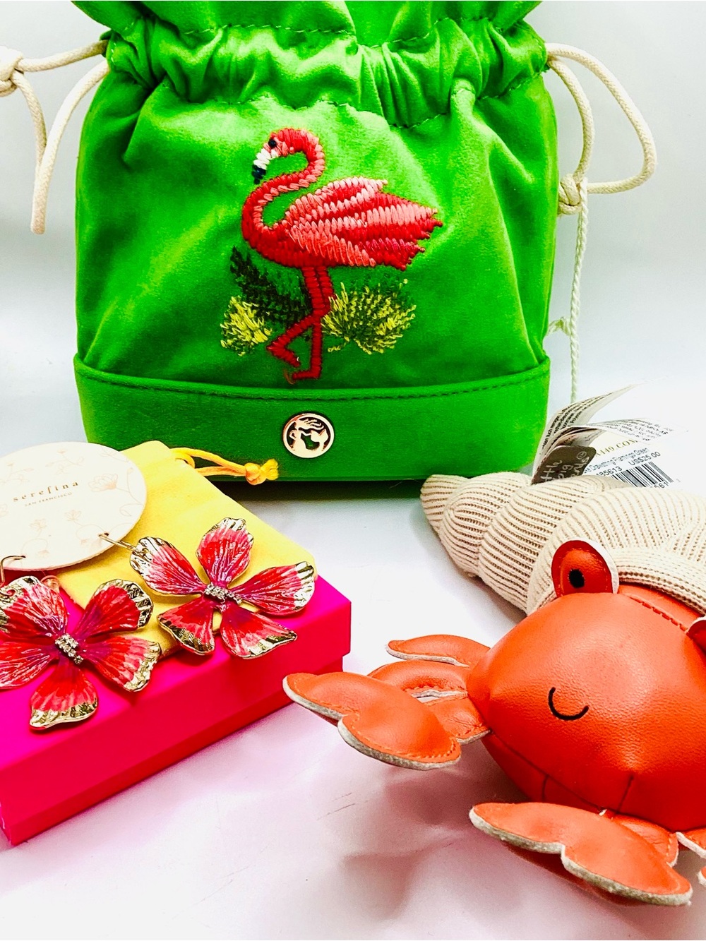 Spartina 449 Green Velvet Drawstring Cosmetic Bag with Pink Flamingo Embroidery